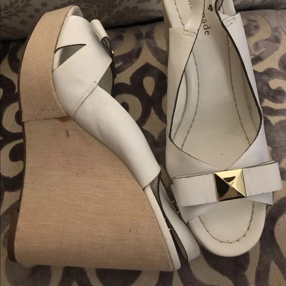 Kate Spade white leather wedge platform‎ sling back sandals Sz 10 high heels